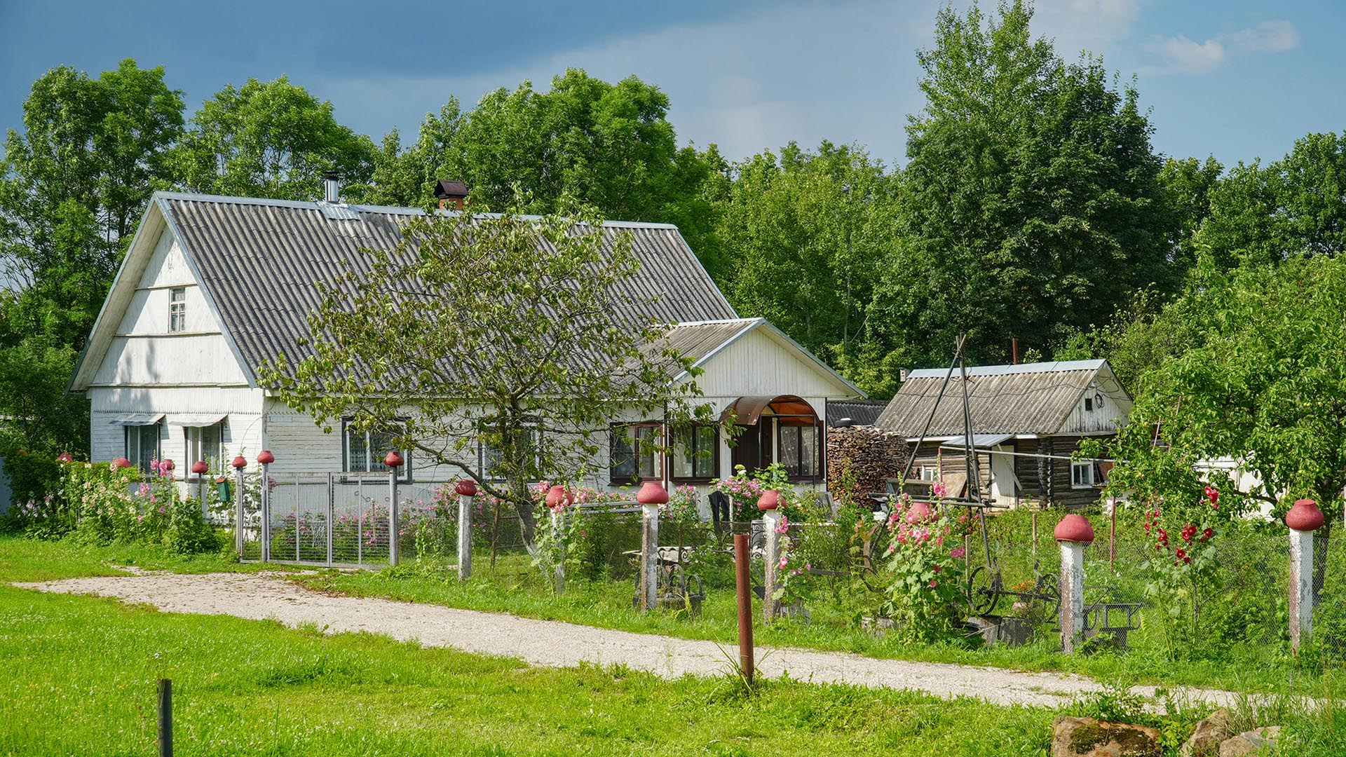 A rural cottage surrounded by gardens in Russia.