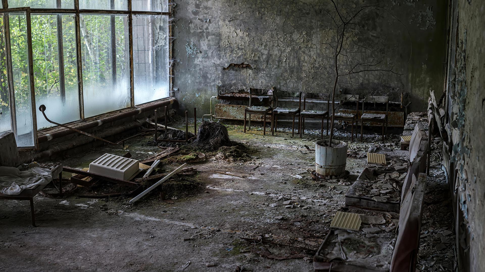 The interior of an abandoned burned building.