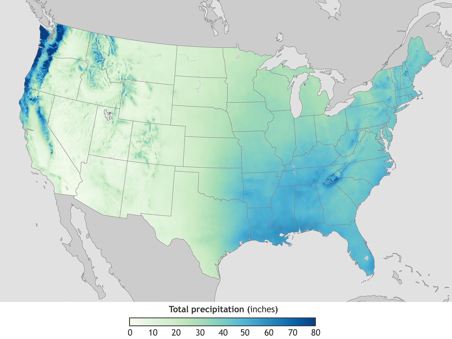 A map of annual precipitation in the United States from 1991-2020.