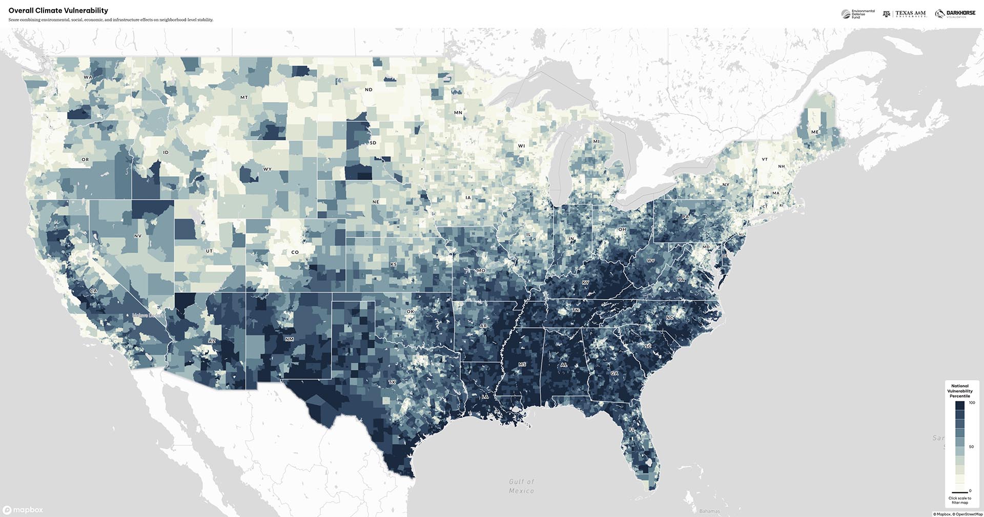 A map of overall climate vulnerability from the Climate Vulnerability Index.