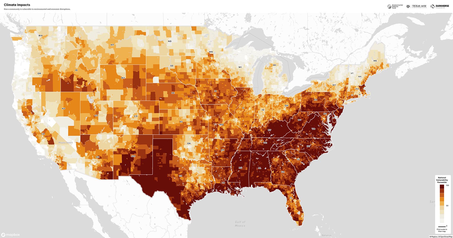 A map of climate impacts from the Climate Vulnerability Index.