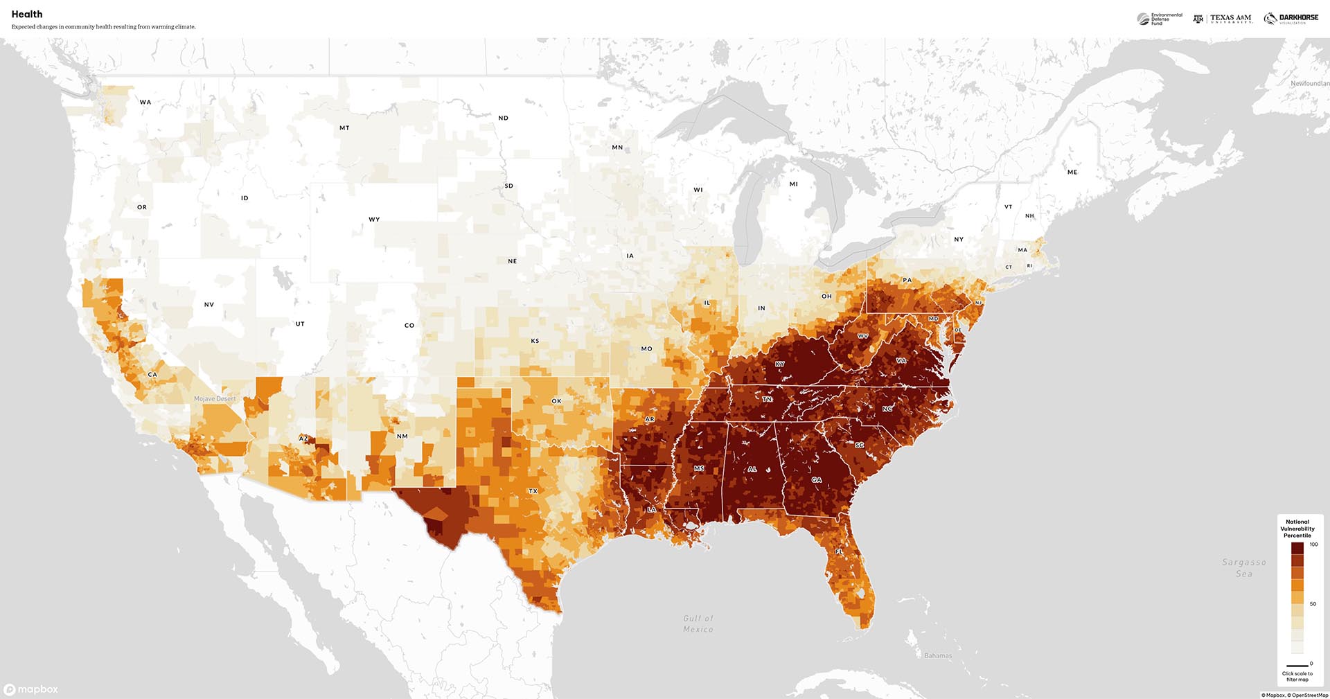 A map of health risk from the Climate Vulnerability Index.