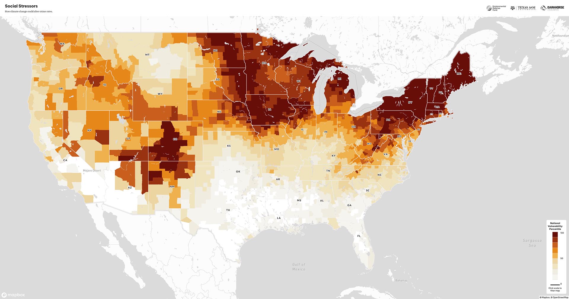 A map of social stressors from the Climate Vulnerability Index.