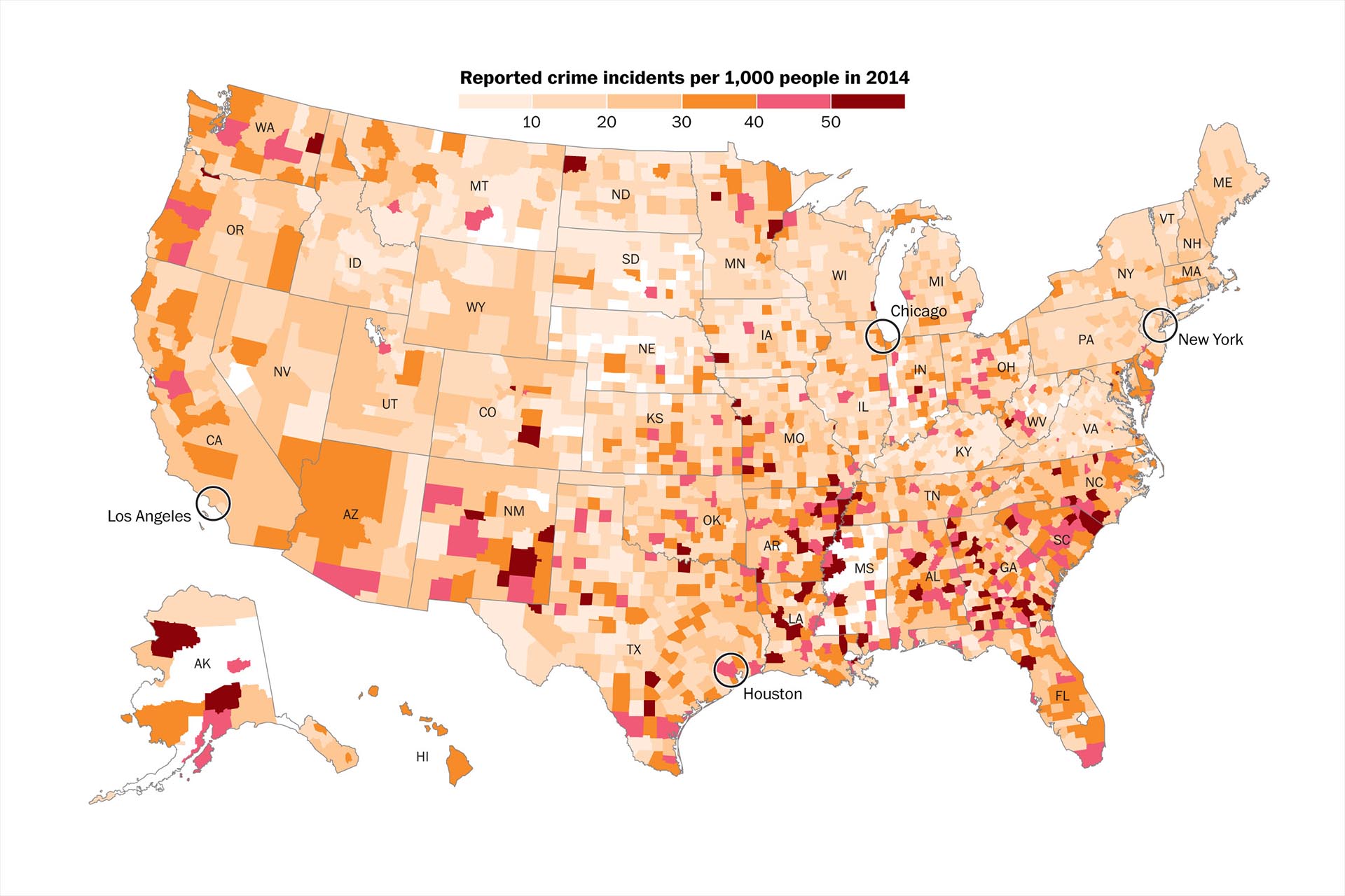 A map of U.S. crime rates by county in 2014.