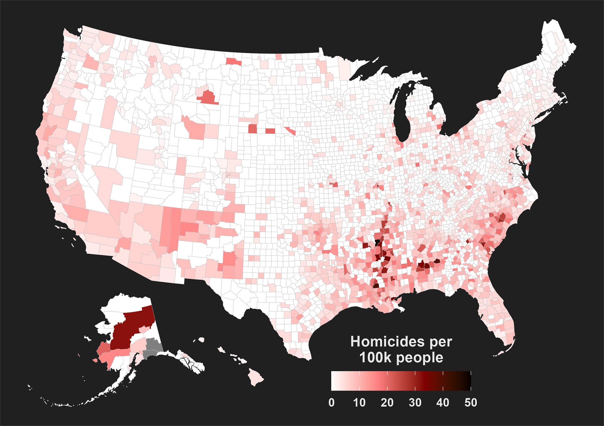 A map of U.S. homicide rates by county in 2023.