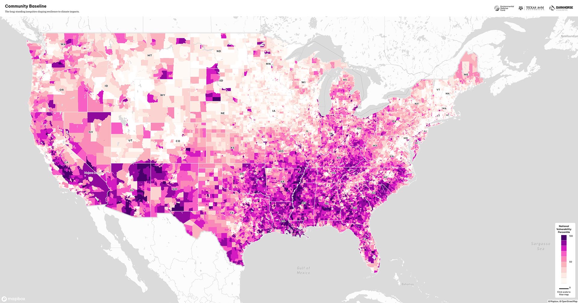 A map of community baseline resilience from the Climate Vulnerability Index.
