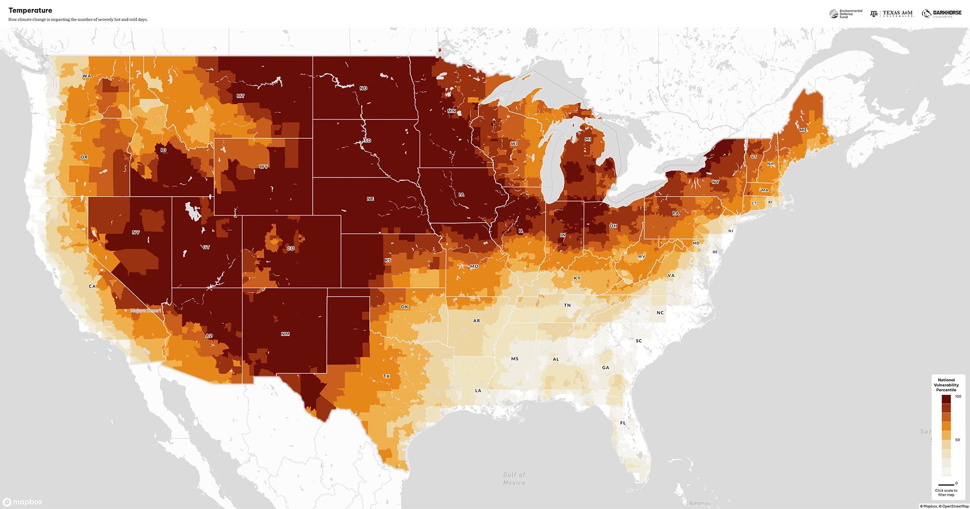 A map of temperature risk from the Climate Vulnerability Index.