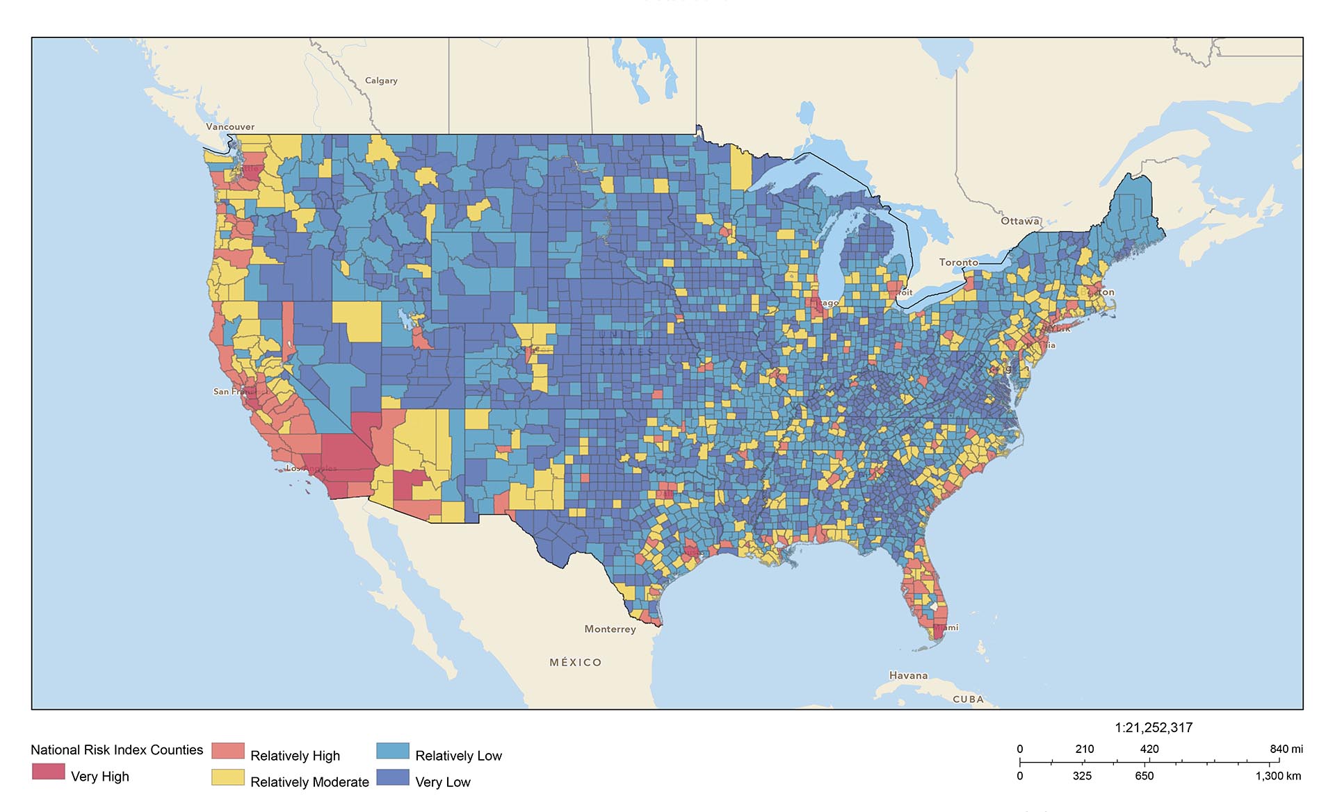 A map of the FEMA National Risk Index.