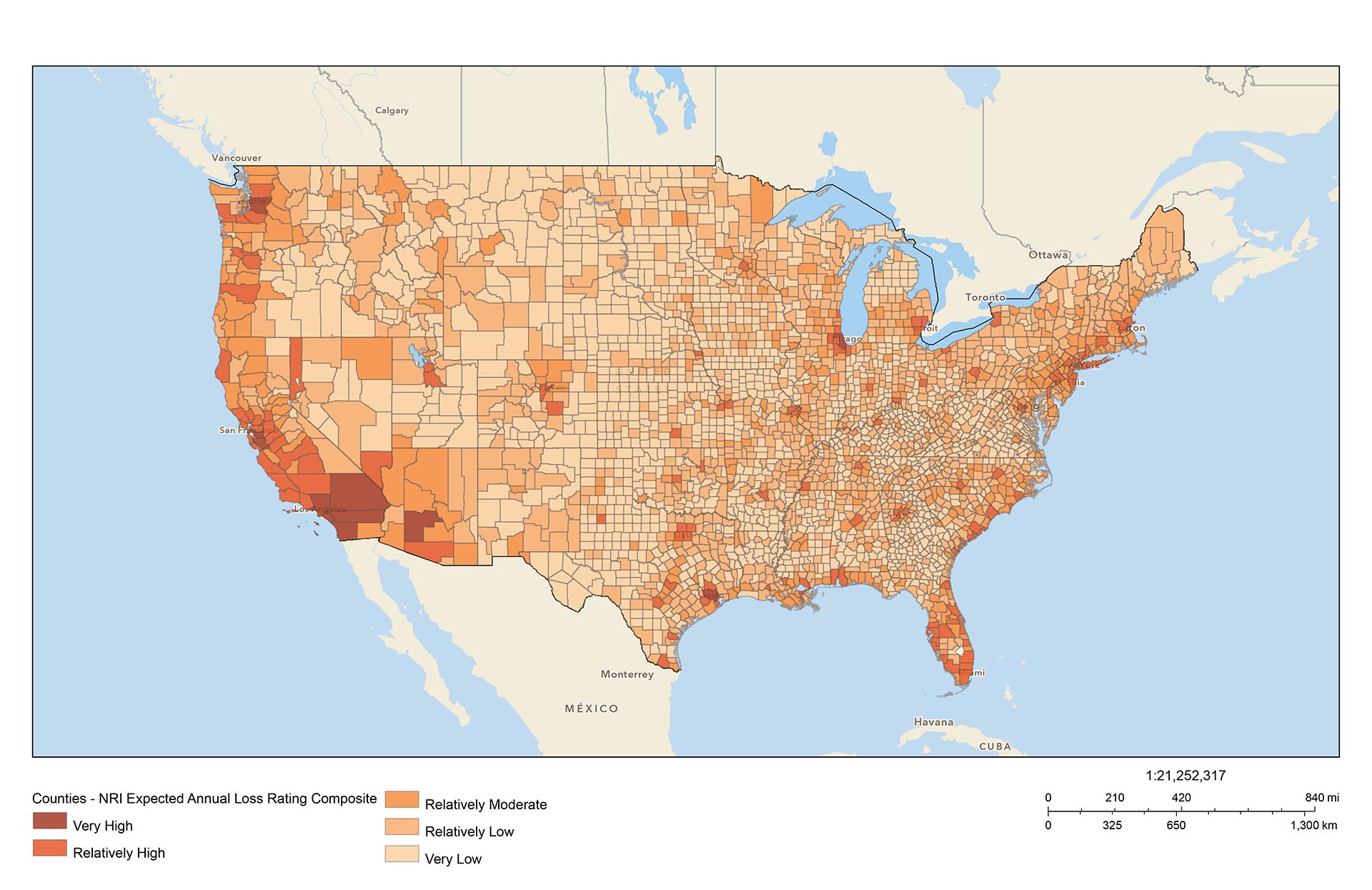 A map of expected annual loss from the FEMA National Risk Index.