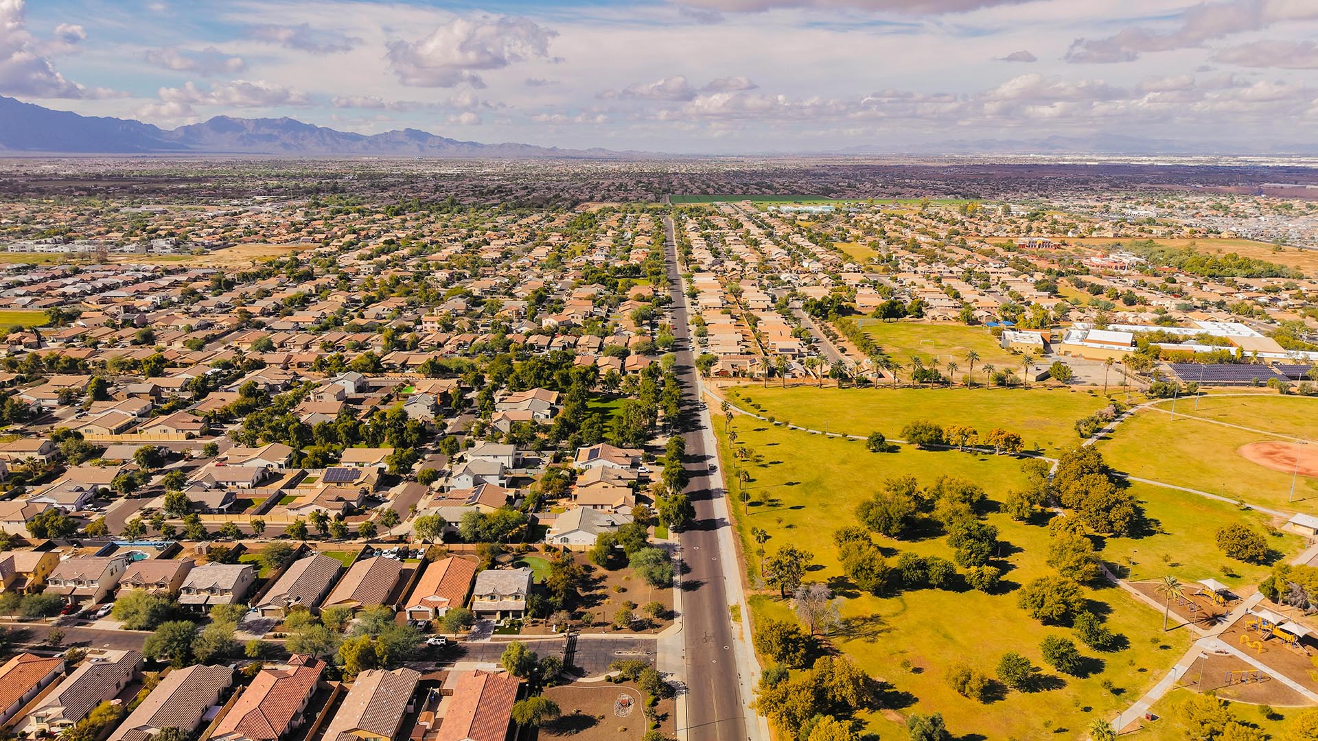 A drone photo of a suburban neighborhood in Phoenix, Arizona.