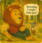Vintage image of a lion gently interacting with a small mouse.