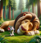 3D image of a lion and a tiny mouse interacting.