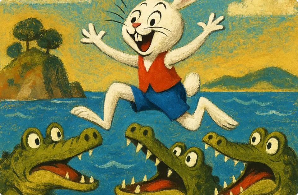 A white hare sitting calmly in a natural setting, vintage style.