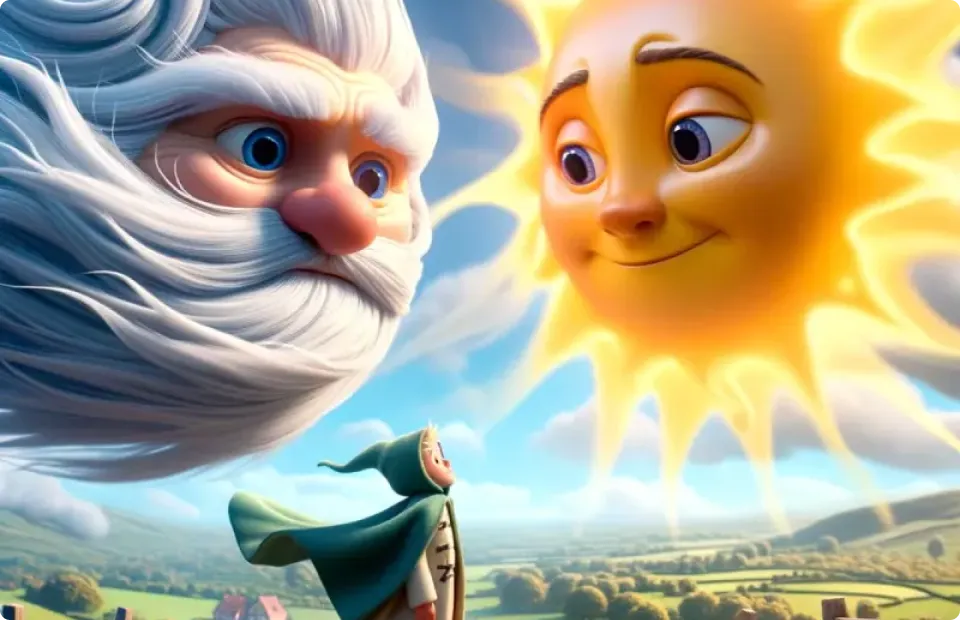 The North Wind and the Sun competing to make a traveler take off his cloak.