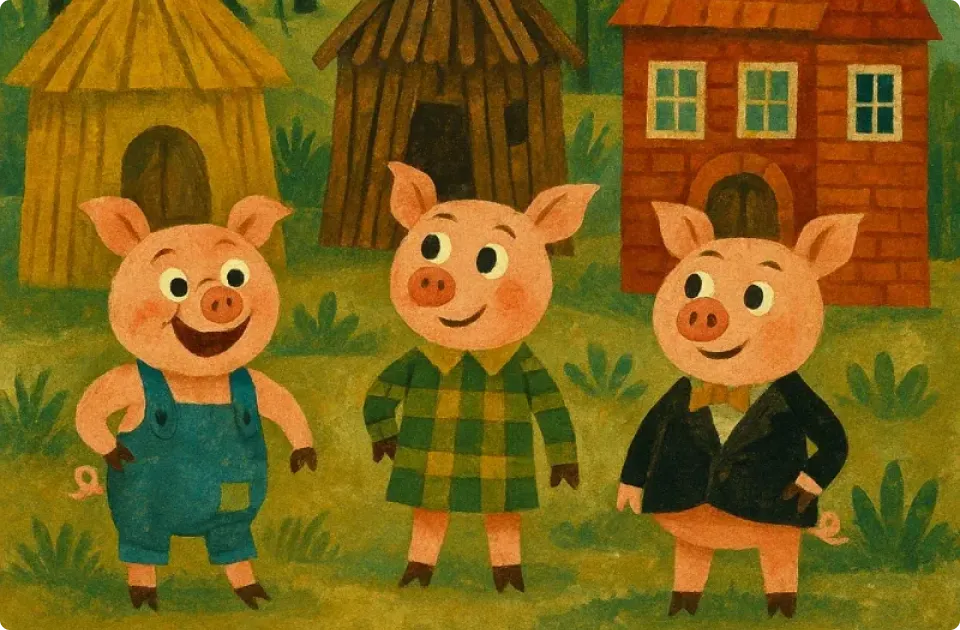 Three little pigs building houses with straw, sticks, and bricks.