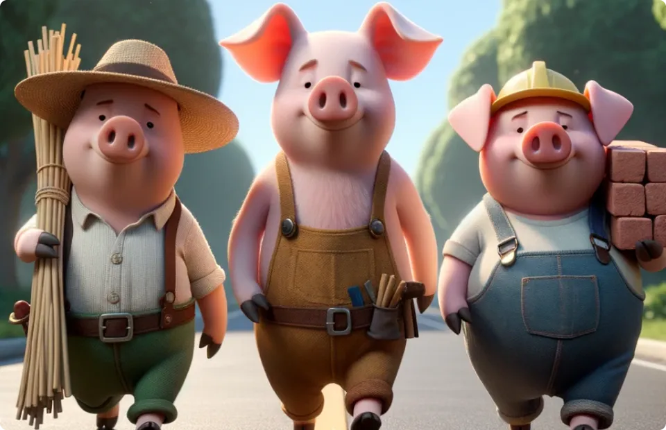 The three little pigs standing happily with their houses made of straw, sticks, and bricks.