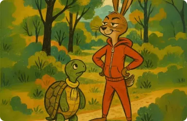 The tortoise and the hare racing, showing the hare far ahead of the slow tortoise.