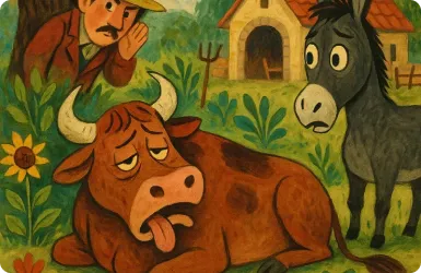 A vintage style picture of a bull and a donkey together, likely in a fable scene.