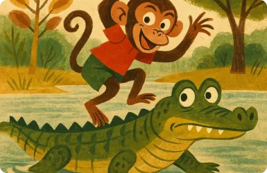 A clever monkey and a crocodile by the river in a vintage style.