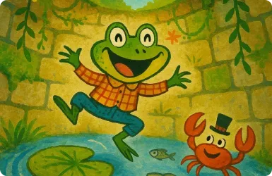 A vintage image of a frog sitting in a well looking up.