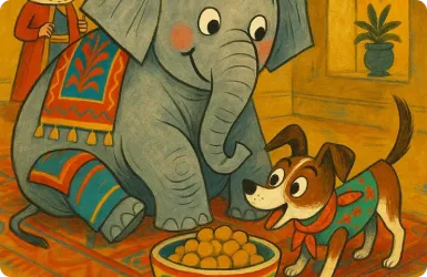 Vintage scene of an elephant and a dog showing friendship.