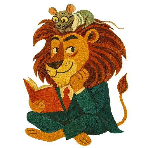 A lion reading a book with a small mouse listening closely.