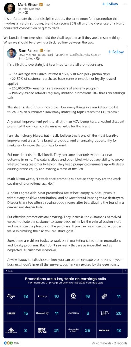 LinkedIn repost by Mark Ritson of Sam Panzer, discussing misuse of the noun 'promotions' as a catch-all term