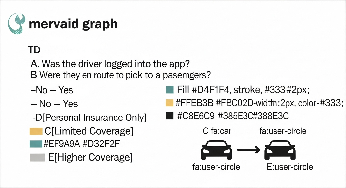 Flowchart illustrating different Uber accident insurance scenarios based on driver status.