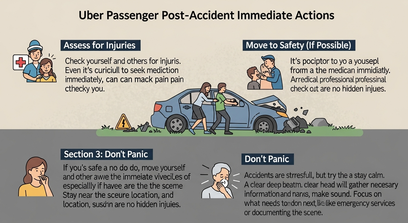 Infographic showing three immediate actions after a car accident: assess for injuries and seek medical attention, move to safety if possible, and remain calm and focused.