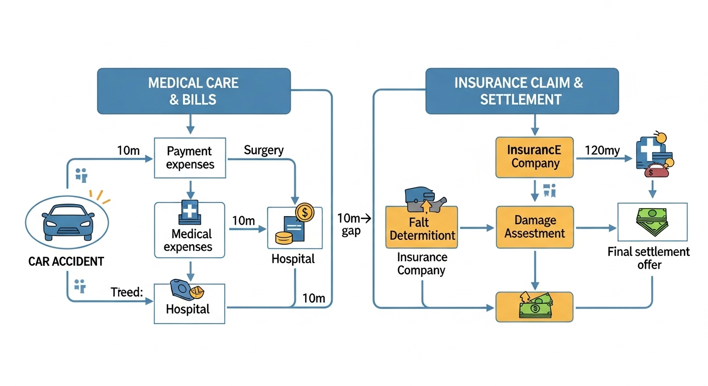 Flowchart illustrating the timeline and financial responsibilities after a car accident requiring surgery in California, highlighting the gap between immediate medical expenses and the delayed insurance settlement.