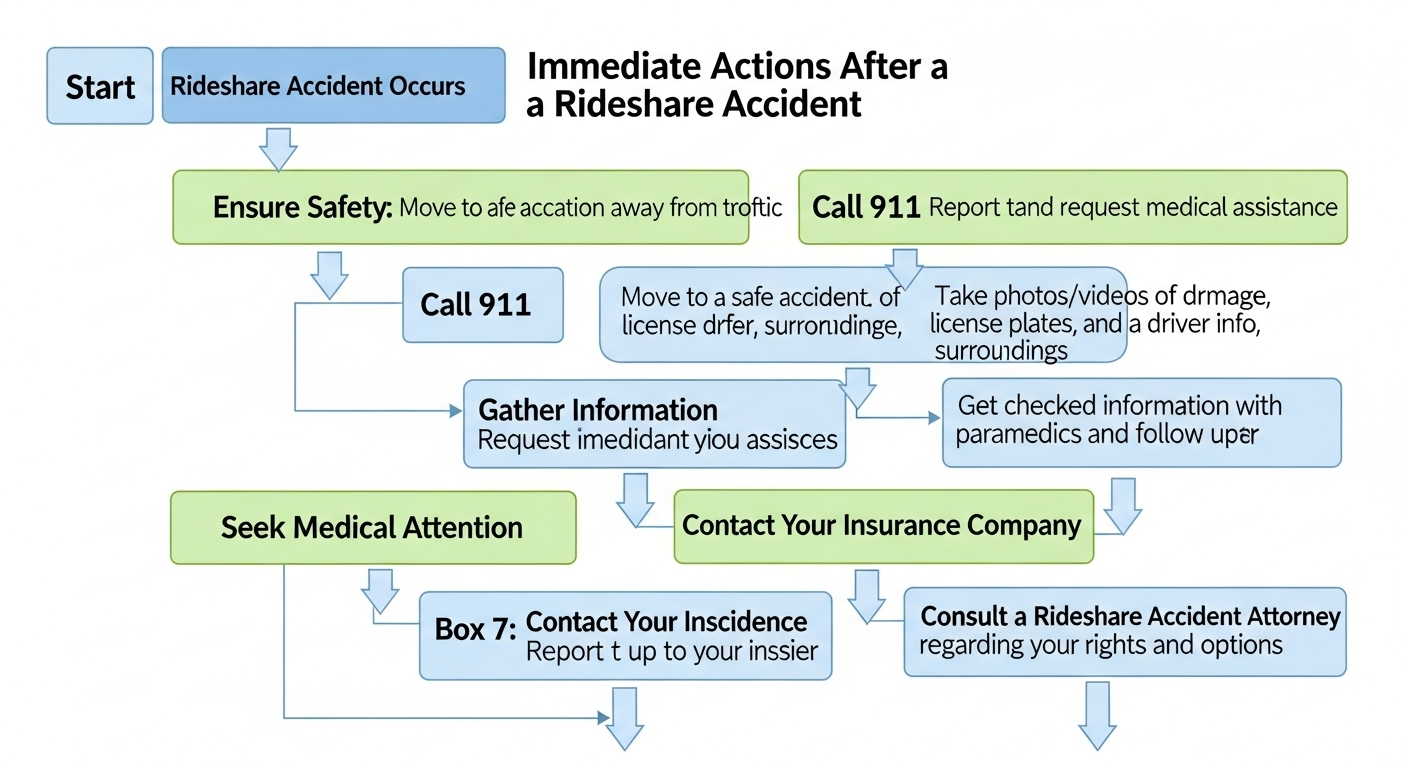 Flowchart illustrating the steps to take immediately following a rideshare accident, including ensuring safety, calling 911, documenting the scene, gathering information, seeking medical attention, contacting insurance, and consulting an attorney.