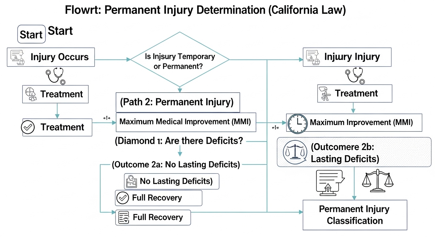 Flowchart illustrating the process of determining a permanent injury under California law, showing the paths for temporary and permanent injuries, including treatment, recovery, and maximum medical improvement.