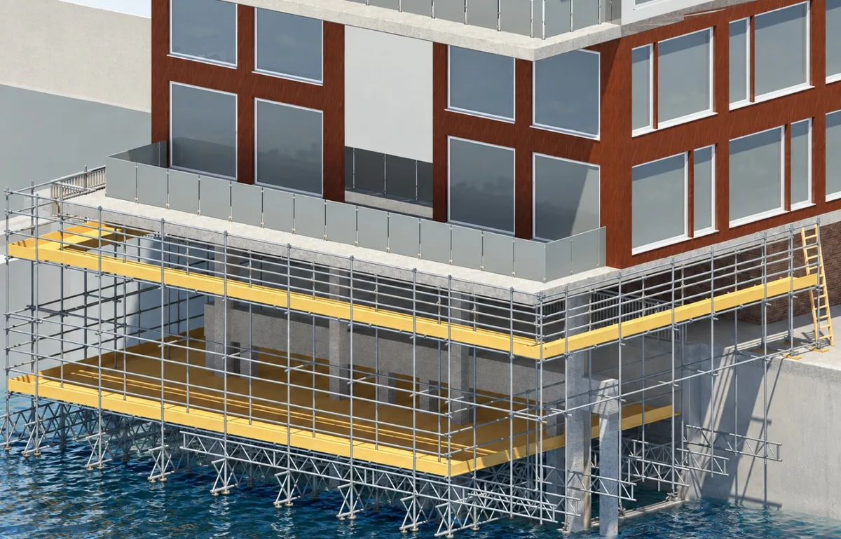 Access scaffold design for slab construction, Trident Hotel, Kinsale
