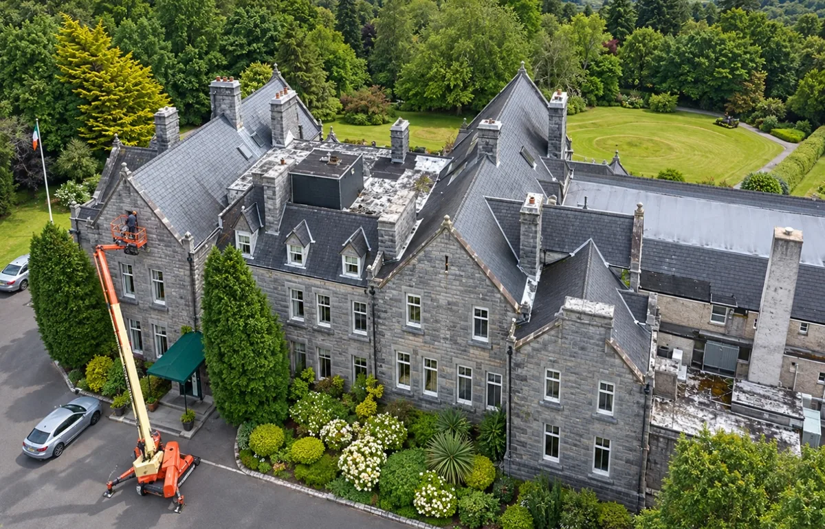System scaffold design for roof repair access, Park Hotel Kenmare