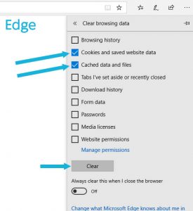 edge clear cache and cookies