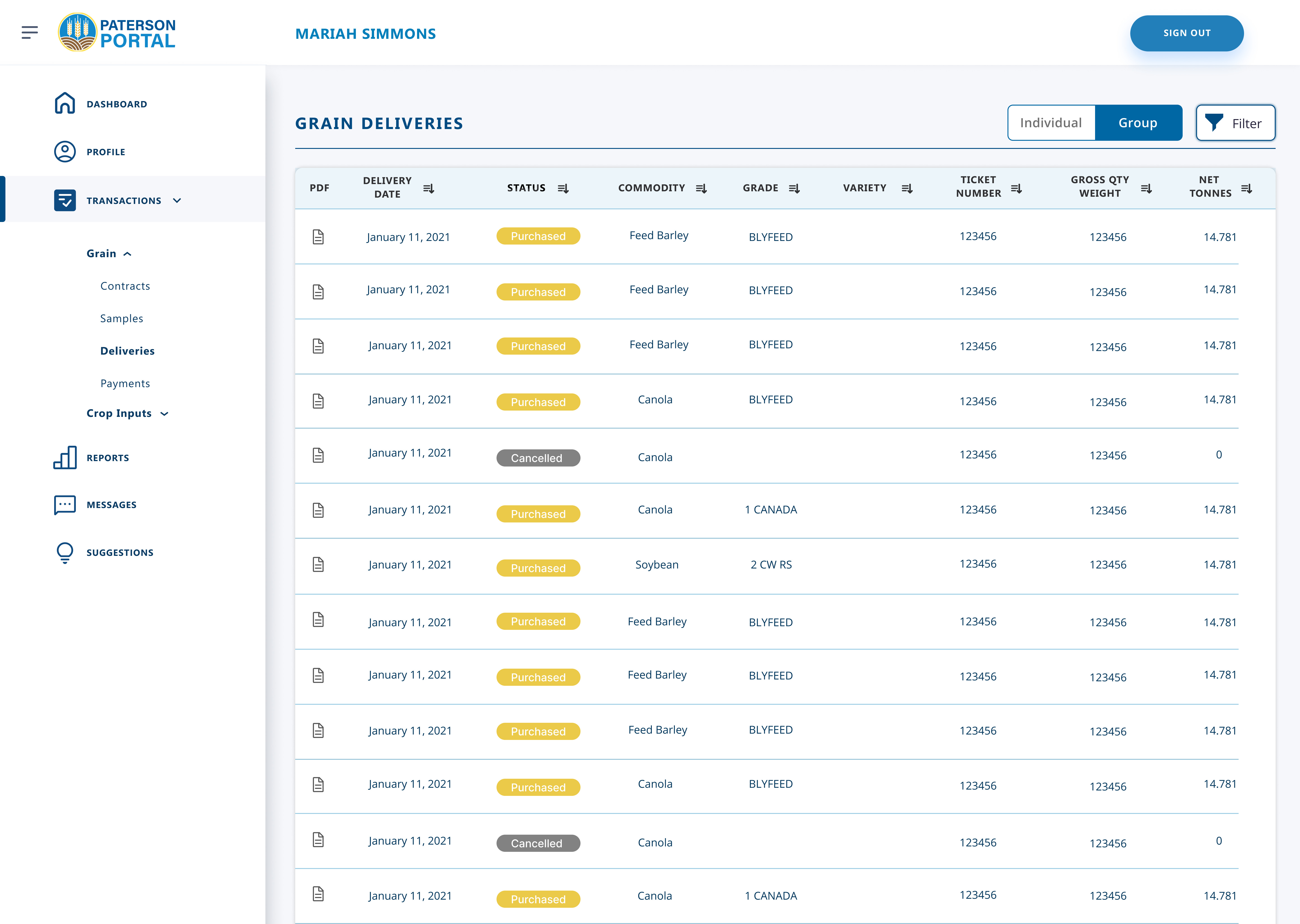 Patterson Grain app screen