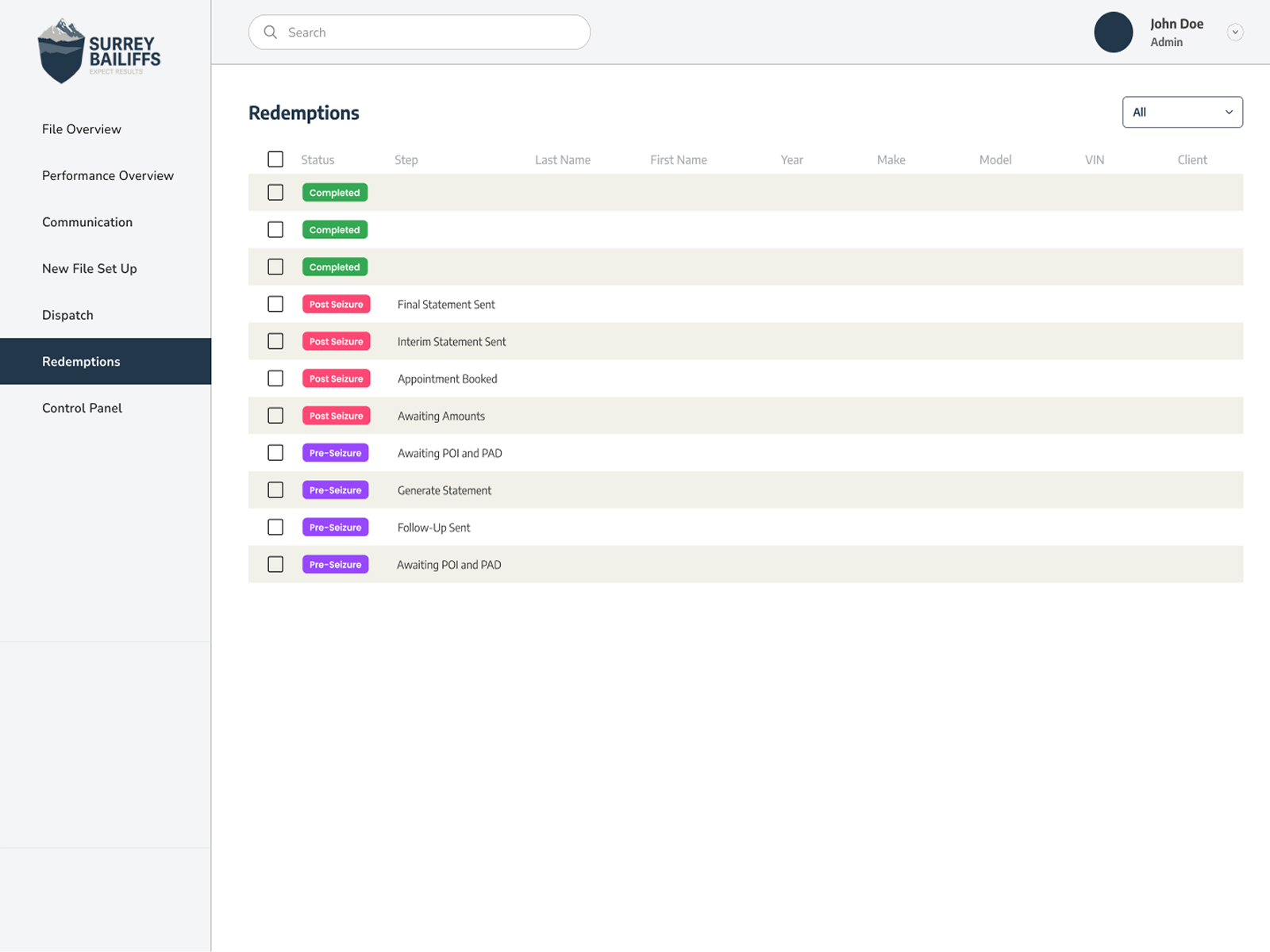 Surrey Bailiffs dashboard screen