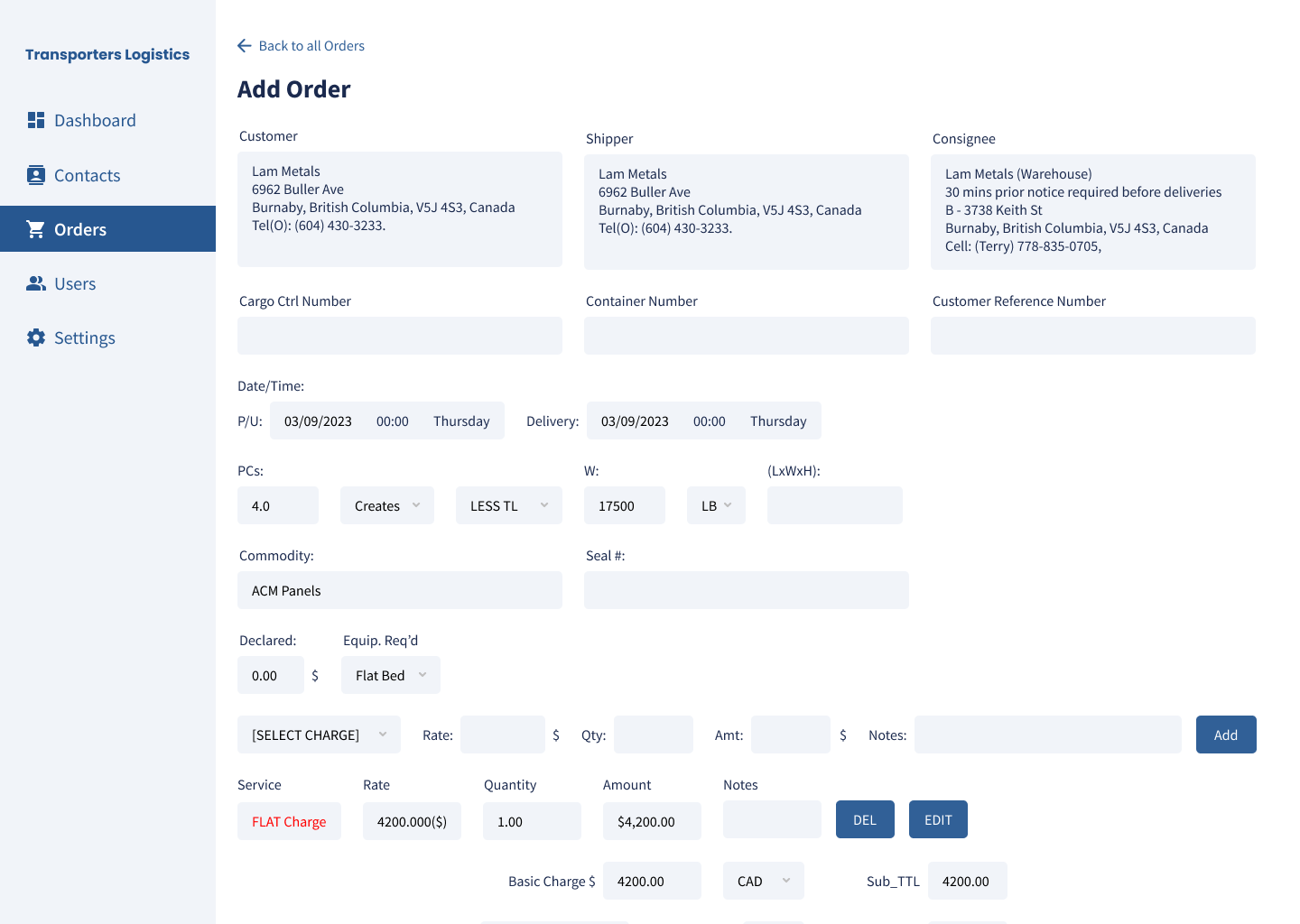 Transporters Logistics app screen