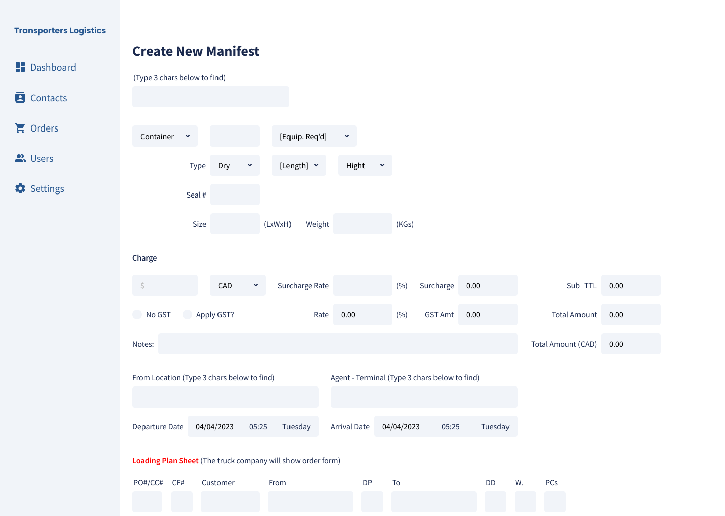 Transporters Logistics app screen