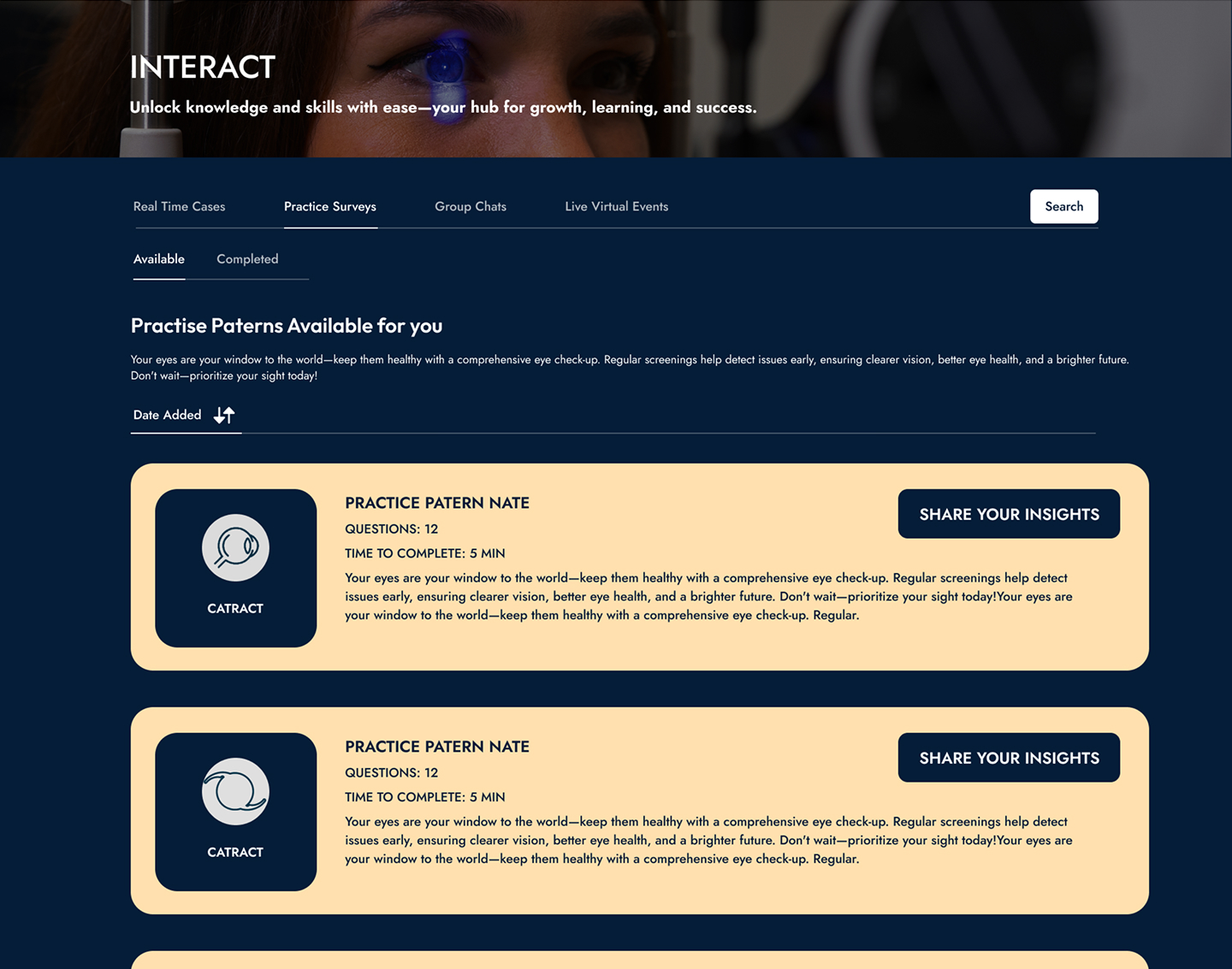 The Eyecomplex dashboard screen