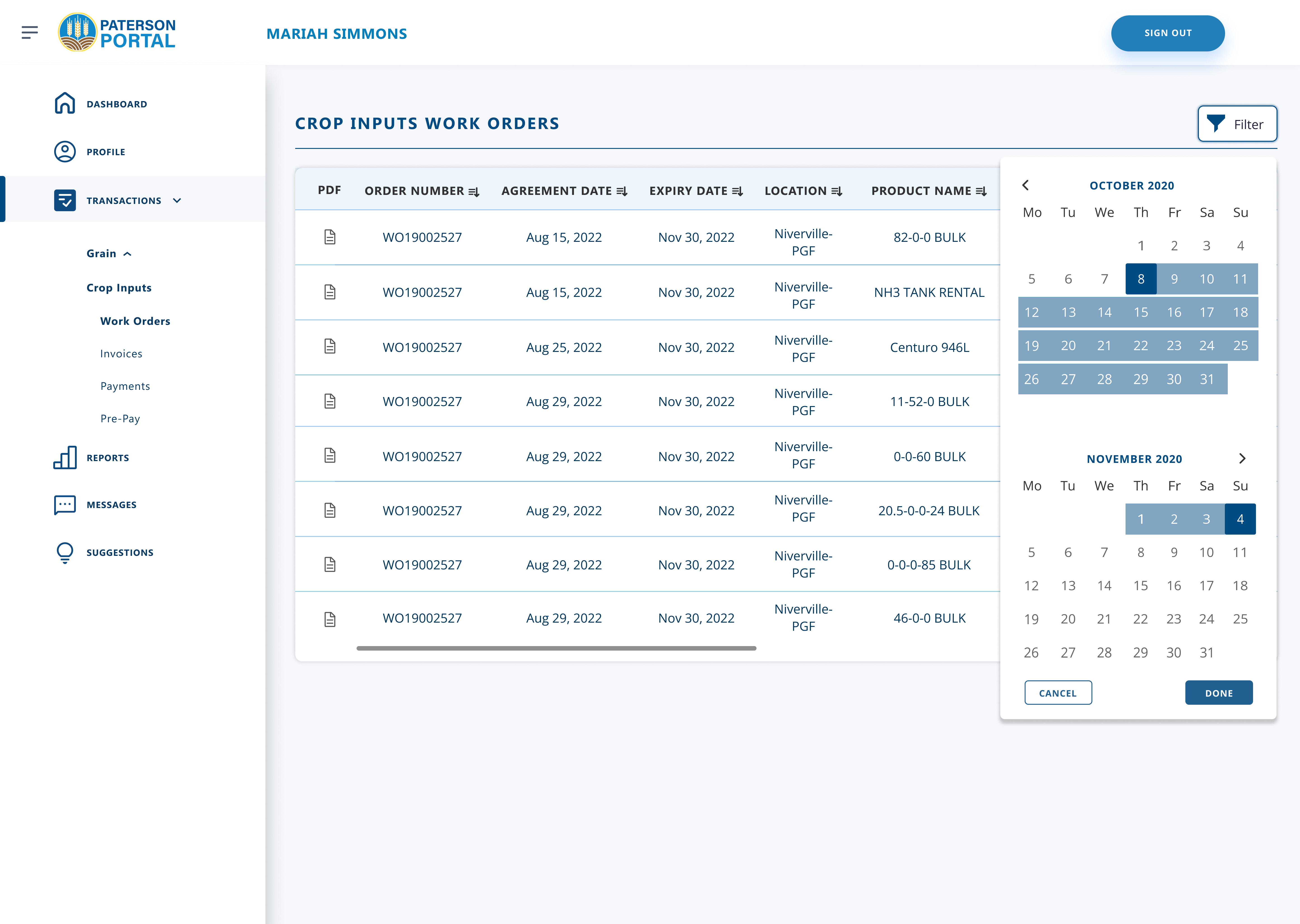 Patterson Grain app screen