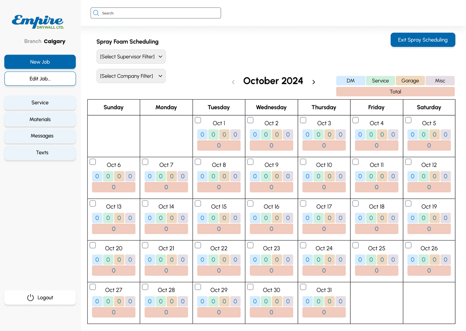 Empire Drywall calendar screen