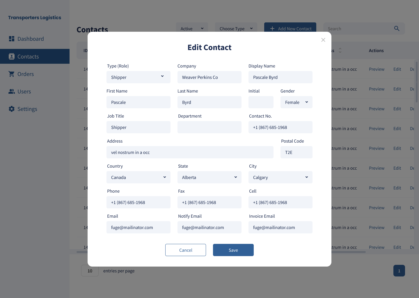 Transporters Logistics app screen