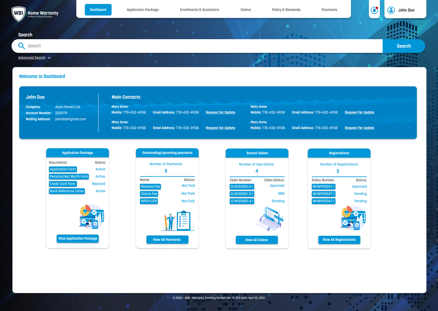 Wbi Home Warranty app screen