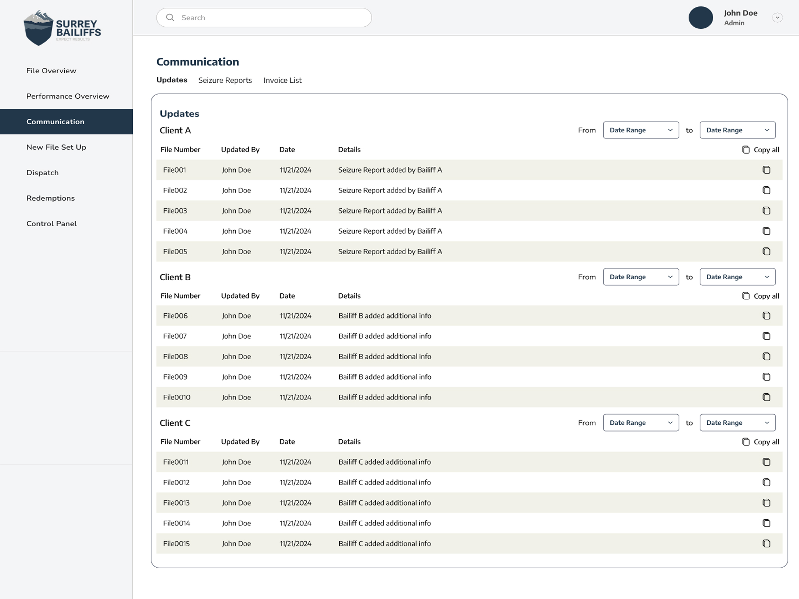 Surrey Bailiffs dashboard screen
