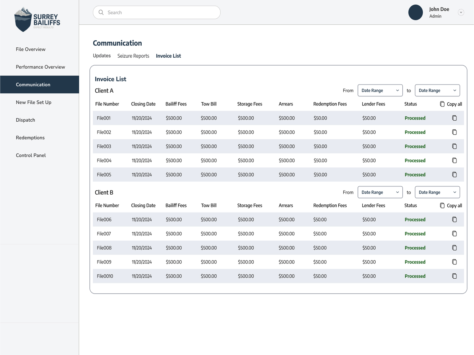 Surrey Bailiffs dashboard screen