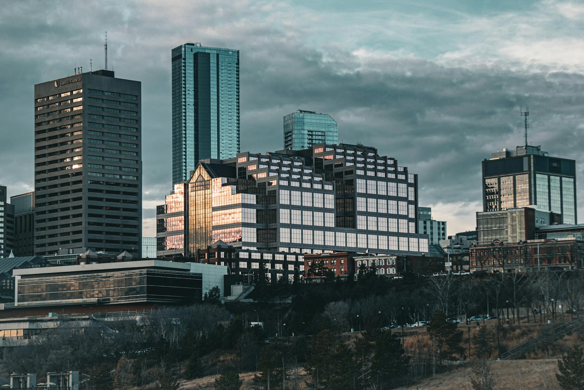 Skyline view of modern architecture in downtown Edmonton, Alberta, Canada.