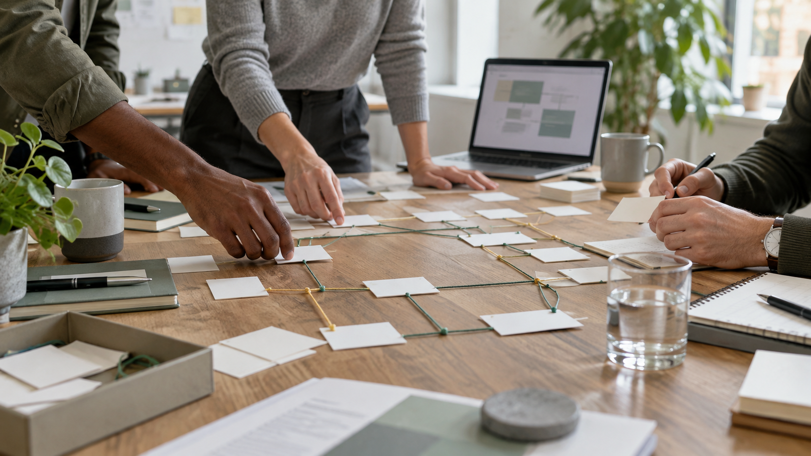 Business team mapping old and new data relationships with paper cards during migration planning