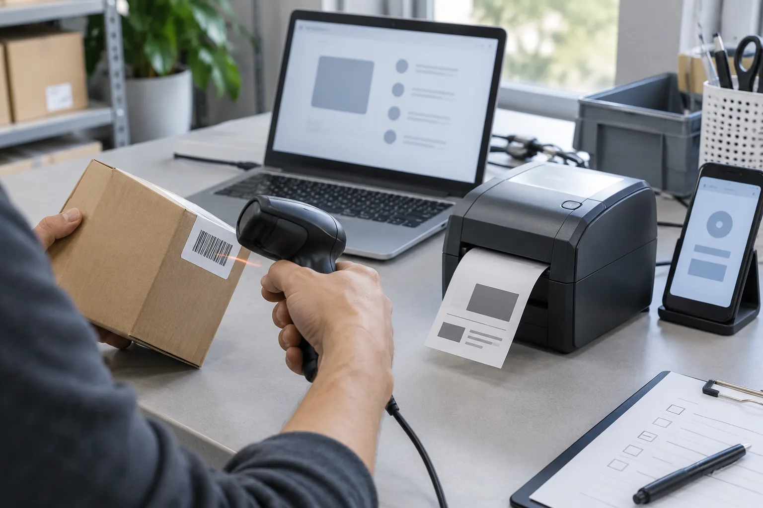 Hands testing a barcode workflow with a scanner, parcel, laptop and receipt printer in a hypothetical workspace