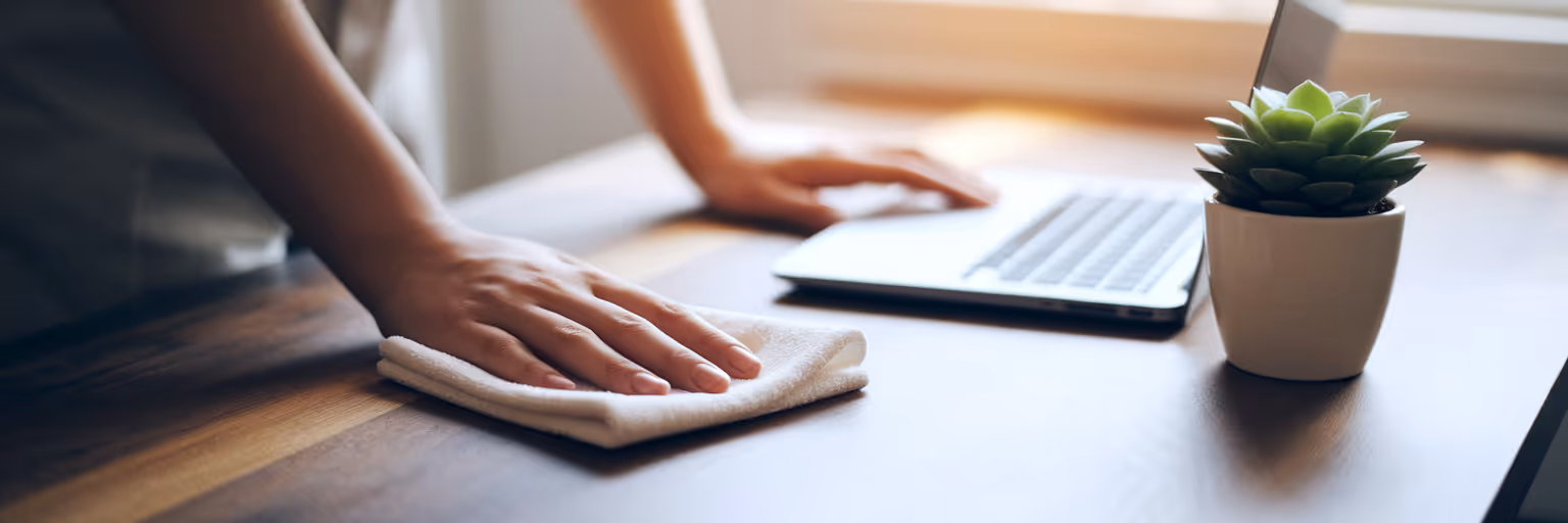 Person cleaning a minimalist work desk.